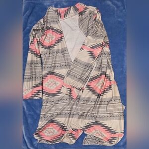 NEW Women's Pink Gray Kimono Southwestern Print Long Sleeve Cardigan One Size
